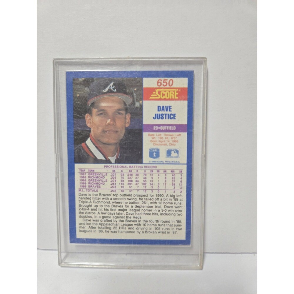 1990 Score Atlanta Braves Baseball Card #650 Dave Justice Rookie - Picture 2 of 2